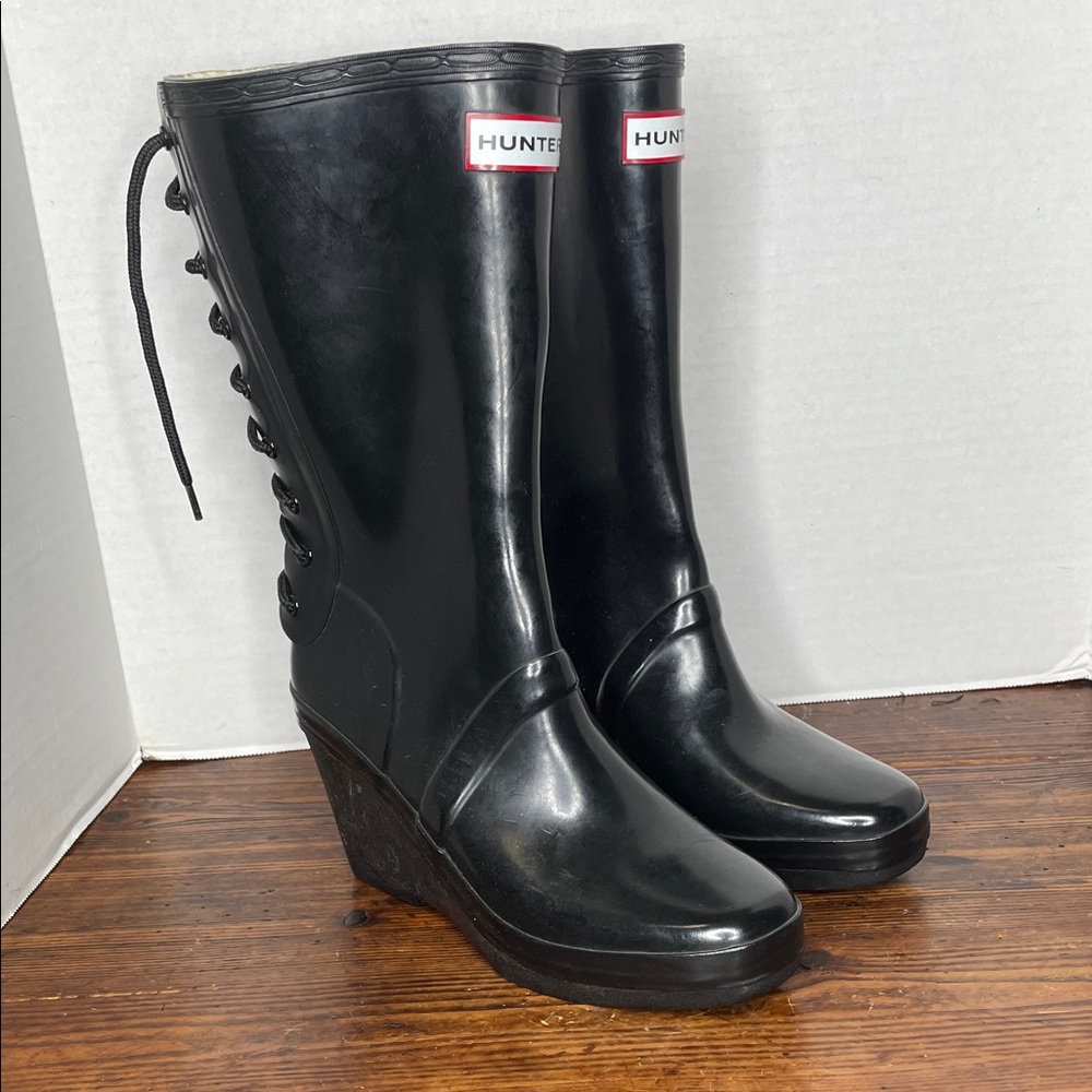 Hunter Verbier black wedge lace-up rubber rain boots